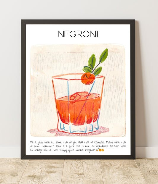 Instant Download - Negroni - Cocktails Illustrated Guide - Digital Art Poster - High Resolution - Bar Decor