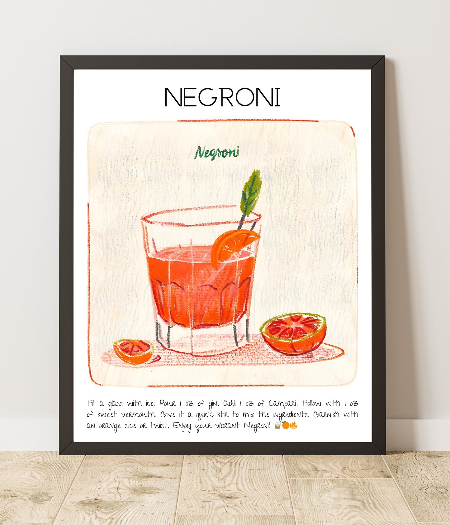 Instant Download - Negroni - Cocktails Illustrated Guide - Digital Art Poster - High Resolution - Bar Decor