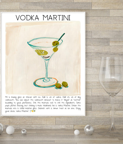 Instant Download - Vodka Martini - Cocktails Illustrated Guide - Digital Art Poster - High Resolution - Bar Decor