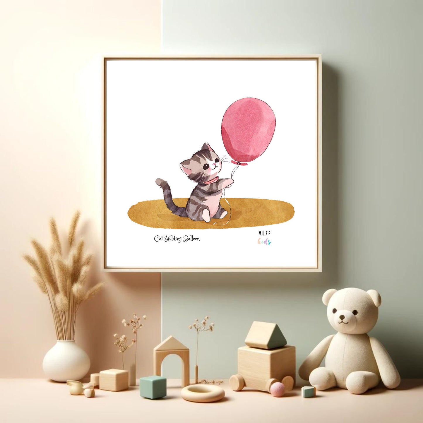 Art for Kids | Cat Holding Balloon | Printable Kids Art | Educational Art Print | Digital Art Design | Instant Download