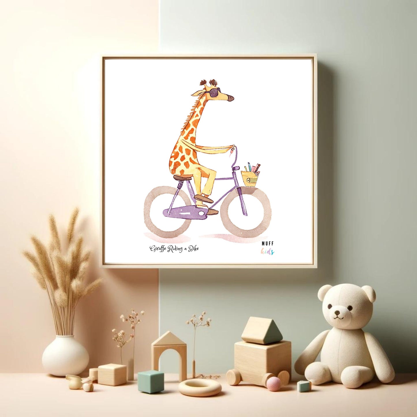 Art for Kids | Giraffe Riding a Bike | Printable Kids Art | Educational Art Print | Digital Art Design | Instant Download