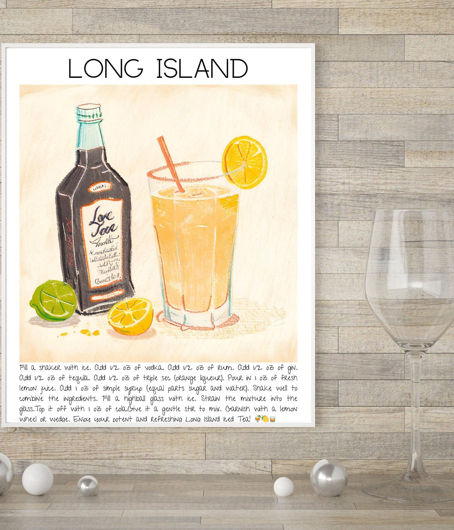 Instant Download - Long Island - Cocktails Illustrated Guide - Digital Art Poster - High Resolution - Bar Decor