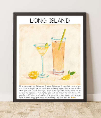 Instant Download - Long Island - Cocktails Illustrated Guide - Digital Art Poster - High Resolution - Bar Decor