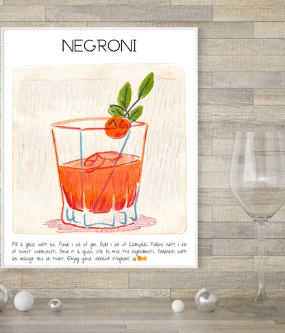 Instant Download - Negroni - Cocktails Illustrated Guide - Digital Art Poster - High Resolution - Bar Decor