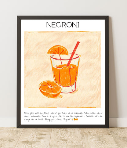 Instant Download - Negroni - Cocktails Illustrated Guide - Digital Art Poster - High Resolution - Bar Decor