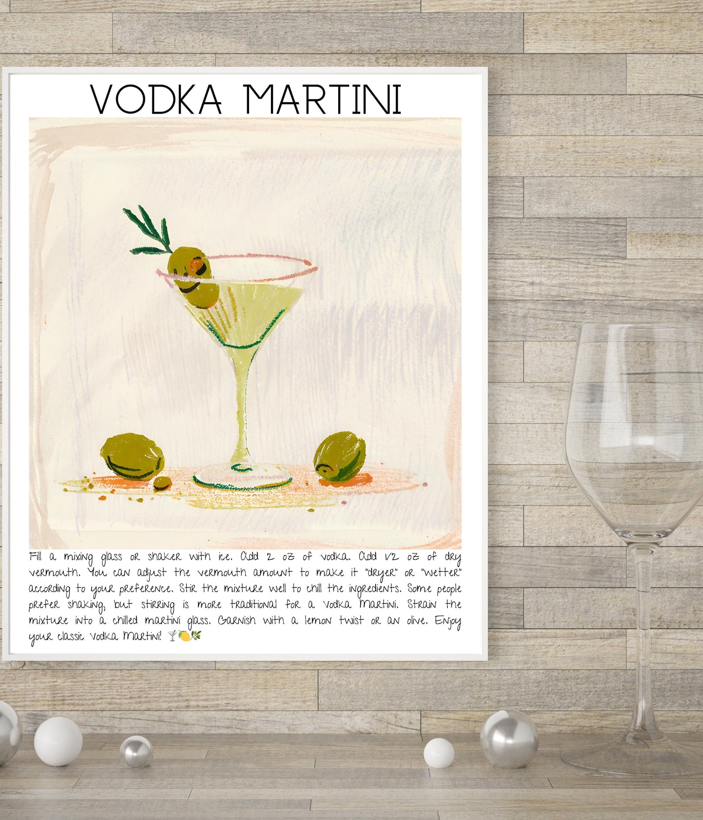 Instant Download - Vodka Martini - Cocktails Illustrated Guide - Digital Art Poster - High Resolution - Bar Decor